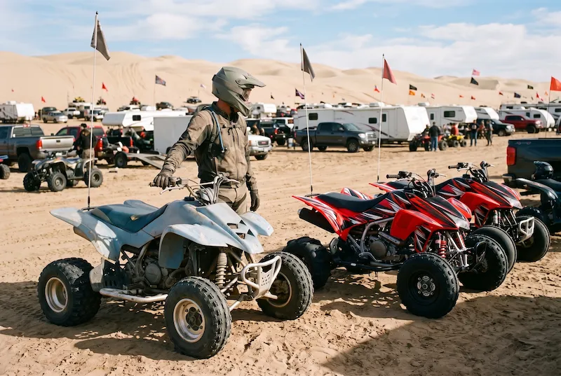 Rider in dune gear beside a faded, chalky quad, looking at a row of glossy red quads with fresh graphics