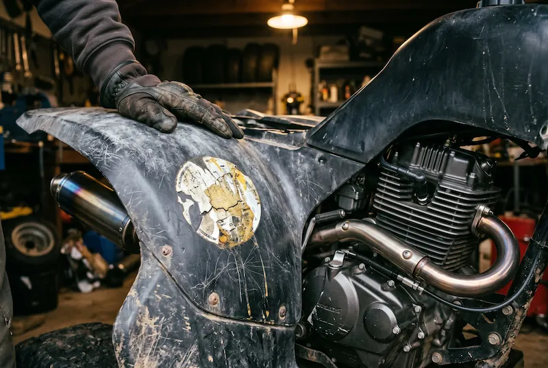 Gloved hand on a faded, scratched quad fender with a cracked, half-peeled old sticker, strong engine behind it