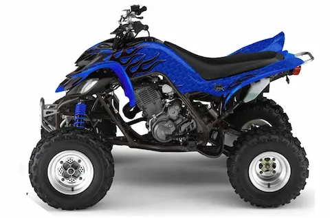 Yamaha Raptor 660 with the Diamond Flames Blue graphic kit