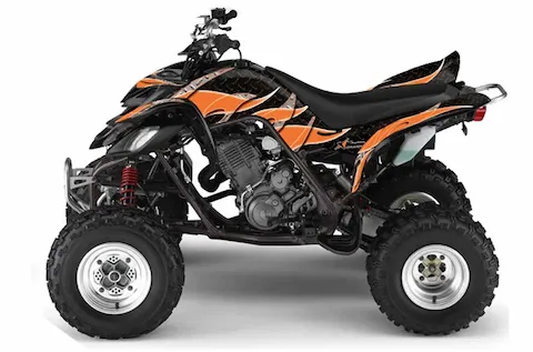 Yamaha Raptor 660 with the Tribal Flames Orange graphic kit